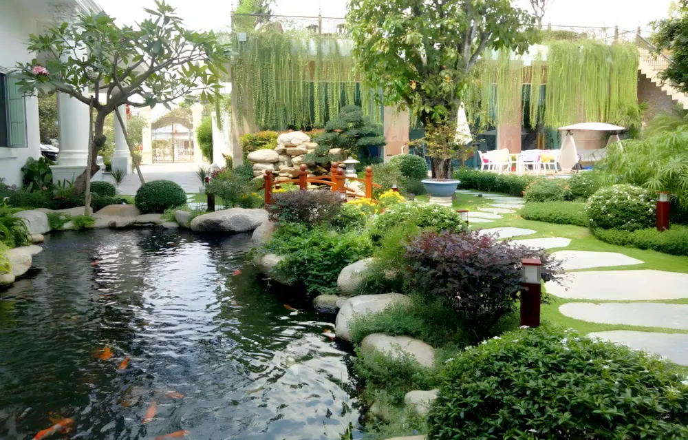 Khuôn viên sân vườn đẹp kết hợp hồ cá